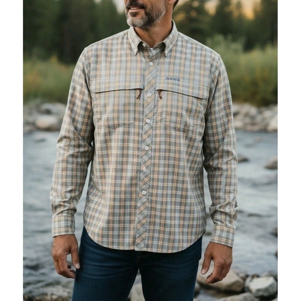 Simms Fishing Shirt Mens M Plaid Button Down Green Yellow Roll Up Sleeve